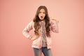 Watch out. Moody girl. Modern fashion for kids. Clothes store. Autumn season collection. Street style outfit Royalty Free Stock Photo