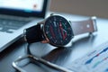 A watch is placed on a table alongside a laptop, creating a juxtaposition between traditional timekeeping and modern technology, A