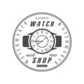 Watch shop estd 1969 logo design, watchmaker badge, monochrome vintage clock repair service emblem vector Illustration