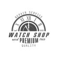 Watch shop logo design, premium quality estd 1969, monochrome vintage clock repair service or store emblem vector