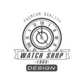 Watch shop logo design, premium quality, monochrome vintage clock repair service or store emblem vector Illustration on