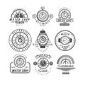 Watch shop and repair service logo set, retro badges with clocks in monochrome style vector Illustrations on a white