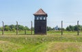 The watch tower and the barbed wire fence at the concentration camp Auschwitz II - Birkenau. Royalty Free Stock Photo