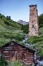 Medieval watch tower in village of Adishi, Svaneti, Georgia