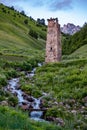 Watch tower and stream in village of Adishi, Svaneti, Georgia
