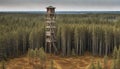 Watch tower made of wood in a forest with moorland in the foreground in Lahemaa National , Estonia