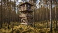 Watch tower made of wood in a forest with moorland in foreground in Lahemaa National Park, Estonia