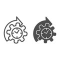 Watches and arrow with gear line and solid icon, time managment concept, cogwheel with clock reprocessing sign on white