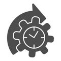 Watches and arrow with gear solid icon, time managment concept, cogwheel with clock reprocessing sign on white