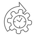 Watches and arrow with gear thin line icon, time managment concept, cogwheel with clock reprocessing sign on white