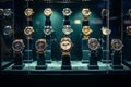 Watches elegantly showcased in glass display case. Generative AI