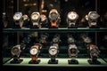 Watches elegantly showcased in glass display case. Generative AI Royalty Free Stock Photo