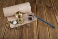 Watches, old glasses, a compass, a pen with a chenille and an old paper on a wooden table Royalty Free Stock Photo