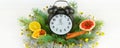 Watches, spruce branches, spices, slices of oranges on a white wooden background. Wide photo