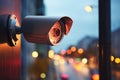 Watchful lens Security camera on window with bokeh light background Royalty Free Stock Photo
