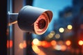 Watchful lens Security camera on window with bokeh light background Royalty Free Stock Photo