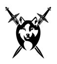 Wild wolf head and crossed swords black and white vector knight emblem design