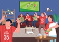 Watching football game with friends flat color vector illustration