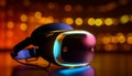 Watching futuristic virtual reality simulator on illuminated computer monitor at night generated by AI