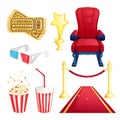 Watching movie and cinema theater, vector cartoon design elements set. Tickets, popcorn, red armchair illustration