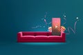 Watching movies cinema online Entertainment media on smartphone with popcorn, tall cup and Stereoscopic glasses on red sofa.