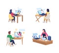 Watching online tutorials flat color vector faceless character set
