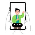 watching play video speaker presenting while holding microphone in smart phone device screen line art illustration flat