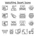 Watching sport on tv, sport broadcasting icon set in thin line style Royalty Free Stock Photo