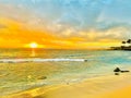 Poipu Sunset Radiance: Golden Skies, Clear Waters, and Golden Sandy Shores Royalty Free Stock Photo