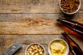 Watching TV with chips, beer and remote control on wooden background top view mock up