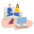 Watching TV at home. Man, woman and dog. Flat illustration Royalty Free Stock Photo