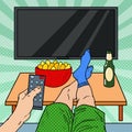 Watching TV. Man Holding Remote Control in Living Room. Pop Art illustration Royalty Free Stock Photo