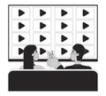 Watching tv show together black and white cartoon flat illustration