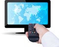 Watching TV and using remote controller Royalty Free Stock Photo