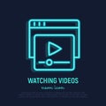 Watching video neon thin line icon. Button play on web page. Vector illustration Royalty Free Stock Photo