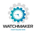 Watchmaker or clockmaker abstract logo. Watchmaking School sign. Watch restoration .icon. Clock repair service