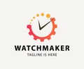 Watchmaker or clockmaker abstract logo. Watchmaking School sign. Watch restoration icon. Clock repair service.