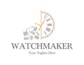 Watchmaker or clockmaker abstract logo. Watchmaking School sign. Watch restoration icon. Clock repair service.