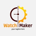 Watchmaker or clockmaker abstract logo. Watchmaking School sign. Watch restoration icon. Clock repair service.