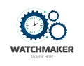 Watchmaker or clockmaker abstract logo. Watchmaking School sign. Watch restoration .icon. Clock repair service