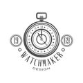 Watchmaker logo design, monochrome vintage clock repair service emblem vector Illustration on a white background