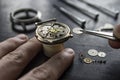 Watchmaker is repairing the mechanical watches in his workshop Royalty Free Stock Photo