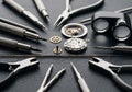 Watch components, including gears and a watch movement, are neatly Royalty Free Stock Photo