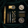 Watchmaking tools and components are arranged on a dark green velvet cloth Royalty Free Stock Photo