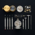 Watchmaking tools and components are arranged neatly on a dark surface Royalty Free Stock Photo