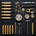 Watchmaking tools and components arranged neatly on a textured black Royalty Free Stock Photo