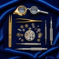 Watchmaking tools and components are arranged on rich blue fabric Royalty Free Stock Photo