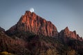 The Watchman Mountain at Sunset With a Moon at Zion National Park Utah Royalty Free Stock Photo