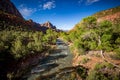 Watchman mountain and the Virgin river in Zion National Park located in the Southwestern United States, near Springdale Royalty Free Stock Photo