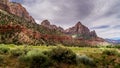 The Watchman Peak and Bridge Mountain viewed from the Pa`rus Trail Royalty Free Stock Photo